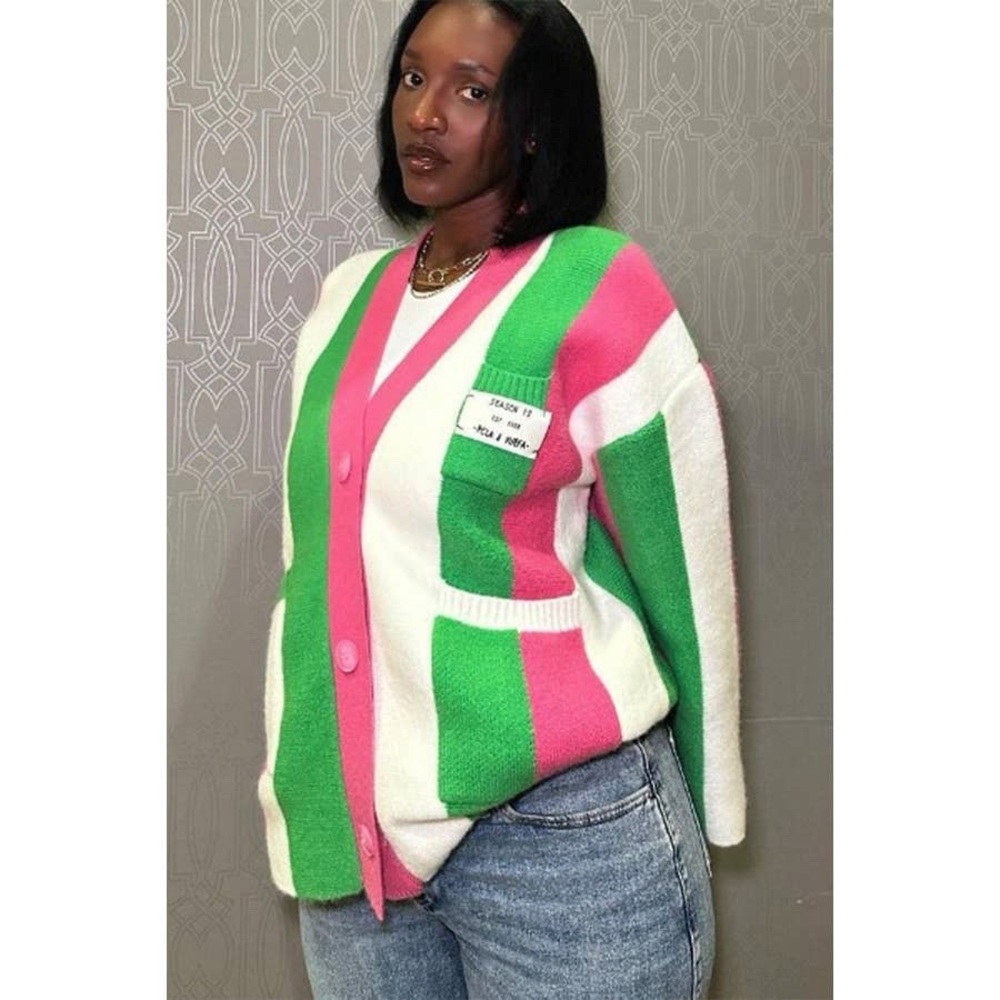 Bold Striped Pink, Green & Cream Cardigan Sweater - Picture 2 of 8